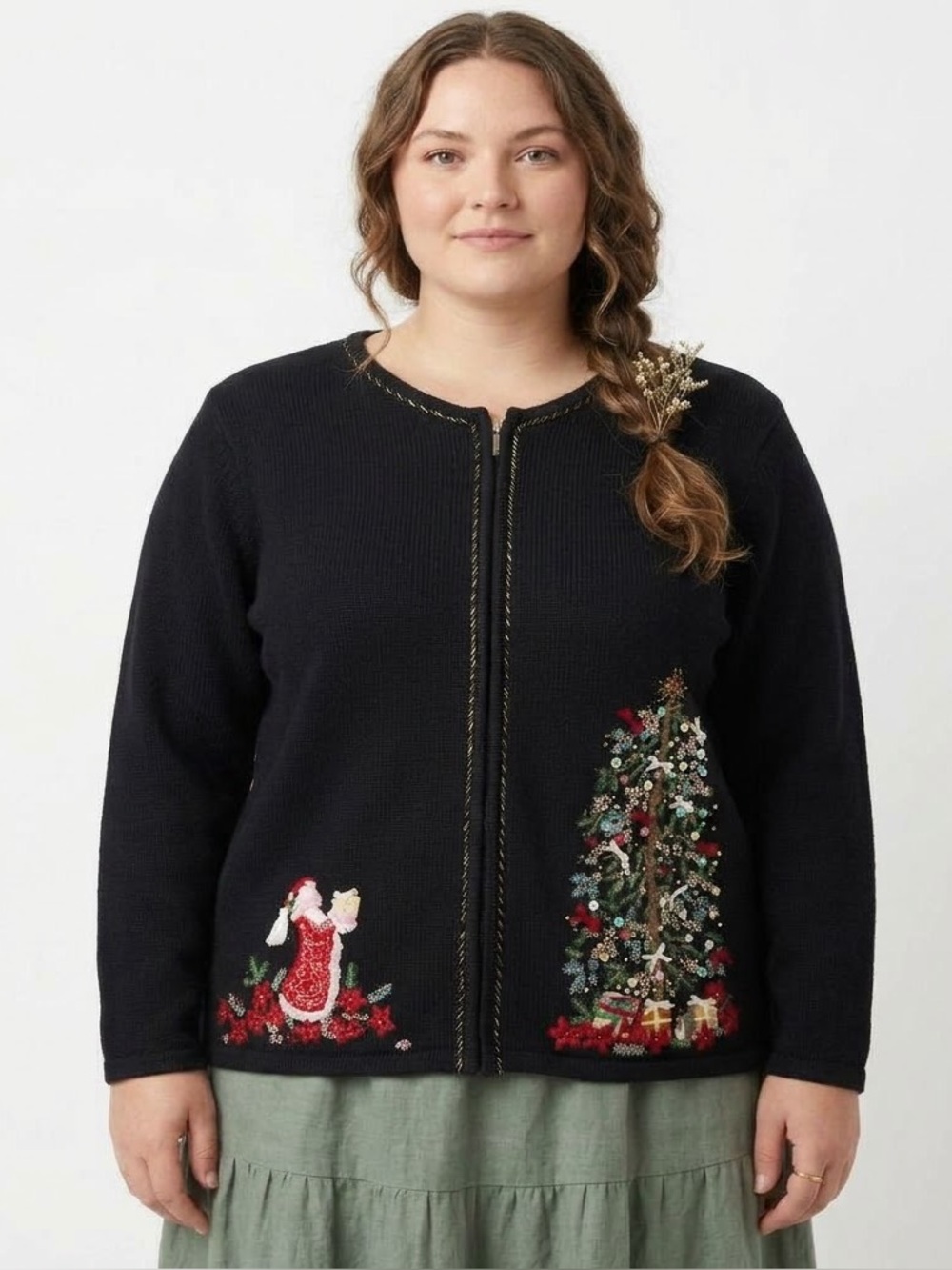 Vintage Ugly Christmas Sweater Embroidered Christmas Tree Santa Kitschy Cottage